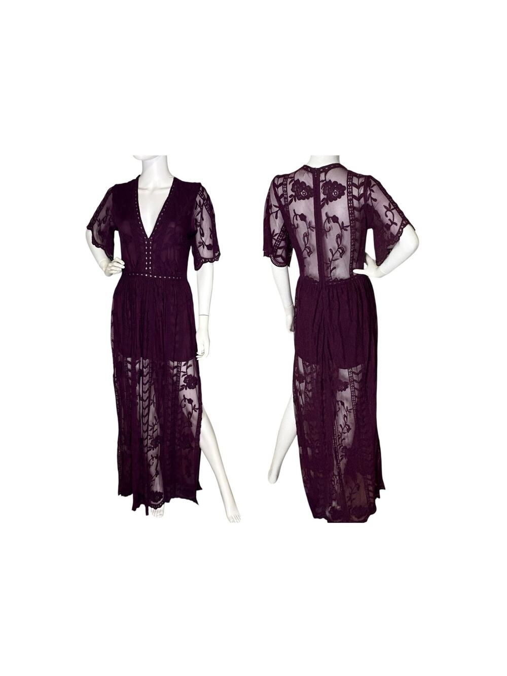 Gianni Bini Womens Maxi Dress Romper Sheer Lace Overlay Whimsigoth Purple Size L